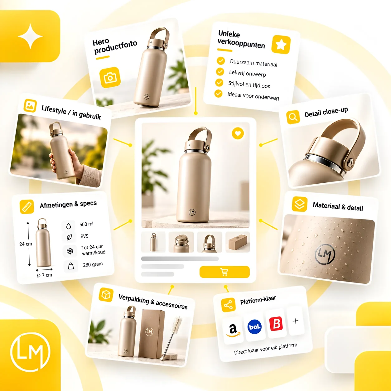 De opbouw van een listing: hero productfoto, unieke verkooppunten, lifestyle, detail close-up, afmetingen en specs, materiaal, verpakking en platform-klaar voor Amazon, bol.com en Shopify.