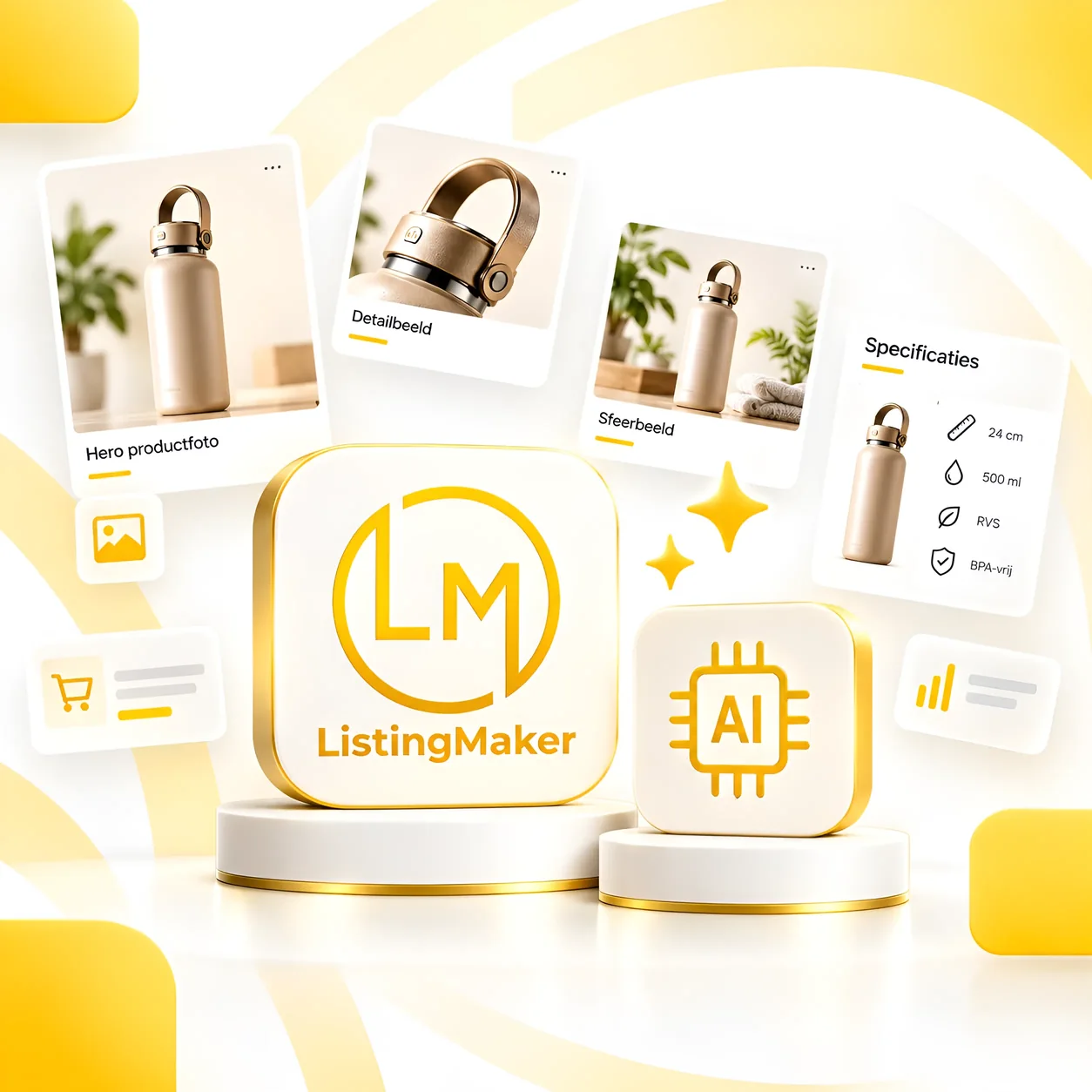 De twee routes: ListingMaker en de AI van ListingMaker, met voorbeelden van listingbeelden.